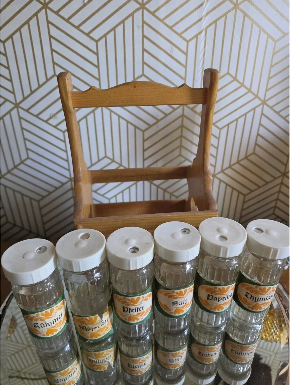 Vintage Wooden Spice Caddy W 6 Glass Jars With Dispenser Lids